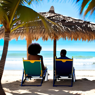 black couple relaxing on beach - ai