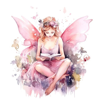 A woman in a pink dress is reading a book. Generative AI. Beautiful fairy with wings, watercolor drawing.