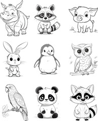 Fototapeta premium animal character. set of animals. vector illustration. line drawing.