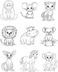animal character. set of animals. vector illustration. line drawing.