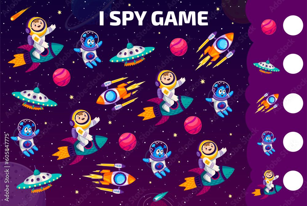 Fototapete i spy game worksheet. cartoon kid astronauts, aliens, ufo and space planets. vector mathematics ridd