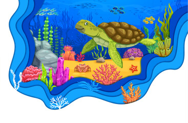 Cartoon turtle, corals and seaweeds on sea underwater paper cut landscape. Vector coral reef bottom with ocean fish shoals, crab, sea turtle and algae plants with 3d layered border of blue waves
