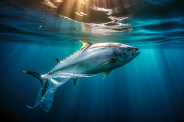 Tuna fish tangled in a plastic bag in the ocean, pollution concept, Generative AI