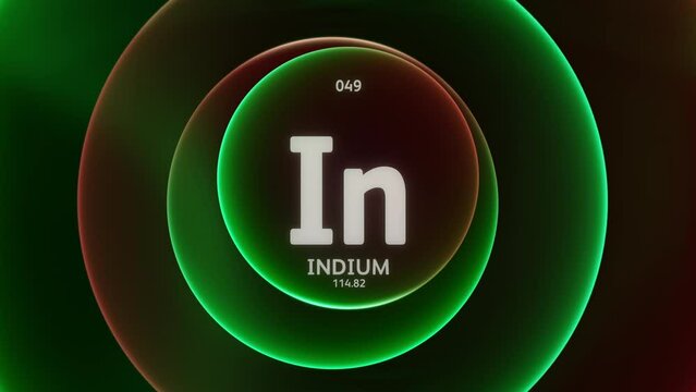 Indium as Element 49 of the Periodic Table. Concept animation on abstract green red gradient rings seamless loop background. Title design for science content and infographic showcase backdrop.