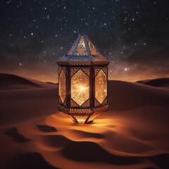 Beautiful lantern decorations placed on the desert sand ground under a starry sky at night generative ai