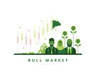 Positive reaction of people or investors for the bullish market which is shown by a candlestick chart and a bull face