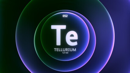 Tellurium as Element 52 of the Periodic Table. Concept illustration on abstract green purple gradient rings seamless loop background. Title design for science content and infographic showcase display.