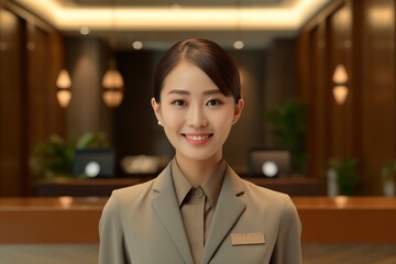 Portrait a beautiful asian receptionist smiling confident made with Generative AI