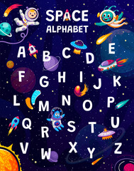 Fototapeta na wymiar Cartoon space alphabet. English ABC letters, latin alphabet vector typography typeset with cute alien child and human funny kid astronaut characters, UFO saucer and rocket, space planets and comets