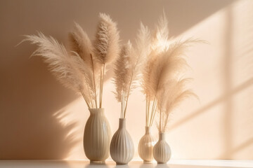 Dried Pampas Grass in Vases on Beige Background, soft shadow, soft light, minimal style, blank space, Canva
