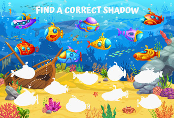Naklejka na ściany i meble Cartoon underwater landscape with submarine and bathyscaphe. Find a correct shadows kids game quiz. Vector puzzle worksheet of matching underwater ship and boat silhouettes, sea water fish, animals