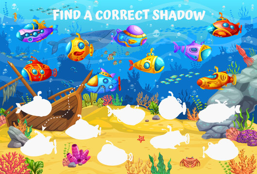 Cartoon underwater landscape with submarine and bathyscaphe. Find a correct shadows kids game quiz. Vector puzzle worksheet of matching underwater ship and boat silhouettes, sea water fish, animals