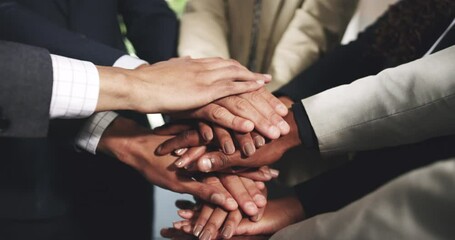 Teamwork, collaboration and hands stack of business people for trust, mission and company goals. Diversity, community and men and women celebrate in office for support, partnership or meeting success