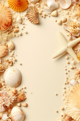 Flat lay sea shells, beach sand, rocks, summer accessories on yellow beige background, sea, top angle, copy space, Canva