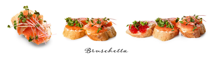 Fototapeta na wymiar Set of tasty bruschettas with salmon on white background