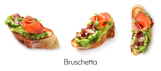 Set of tasty bruschettas on white background