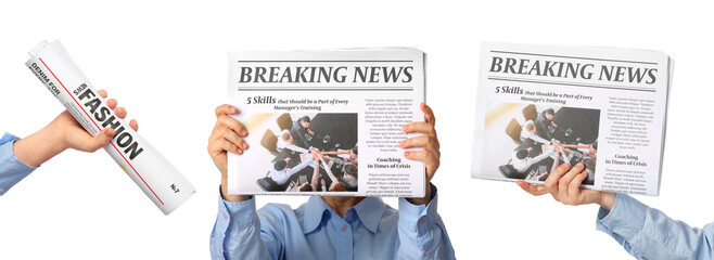 Set of people holding newspapers on white background