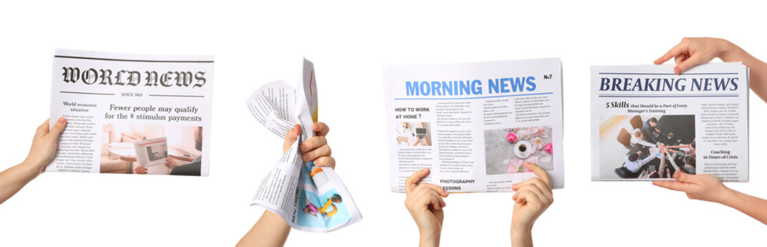 Set of hands holding newspapers on white background