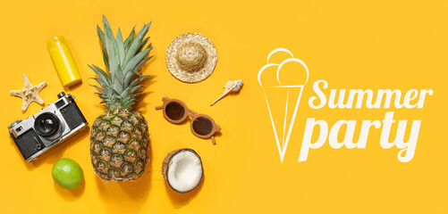 Banner for summer party with beach accessories, tropical fruits and photo camera
