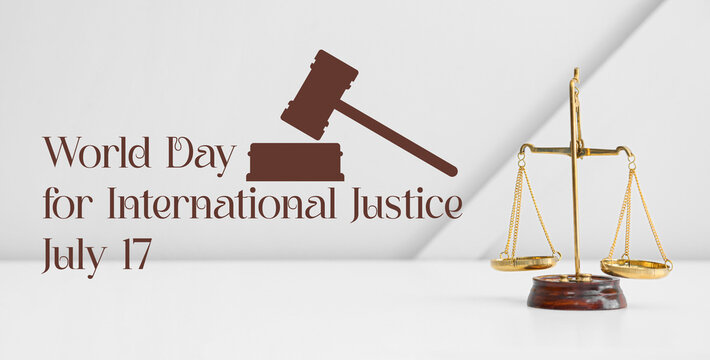Banner for World Day for International Justice with scales of justice