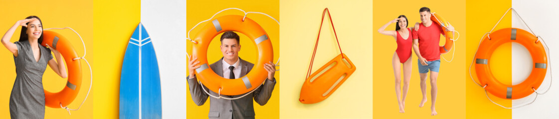 Collage with business people, lifebuoys, beach rescuers and life board on color background