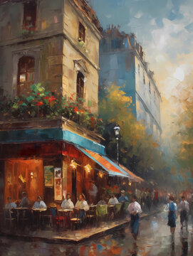 Abstract art - painting of a cafe in the streets of paris - done with warm colors - generative AI