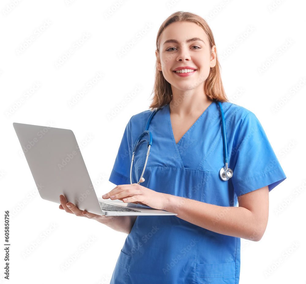 Wall mural Female intern with laptop on white background