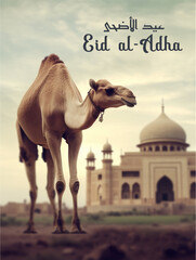 Eid Al Adha Mubarak greeting card with camel and mosque, Eid Mubarak