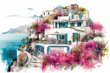 A watercolor painting of a house on a cliff. Generative AI.