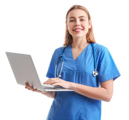 Female intern with laptop on white background