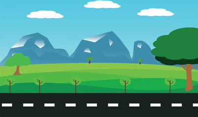 Vector nature landscape background. Cute simple cartoon style. road and hill