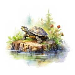 A watercolor painting of a turtle sitting on a rock. Generative AI.