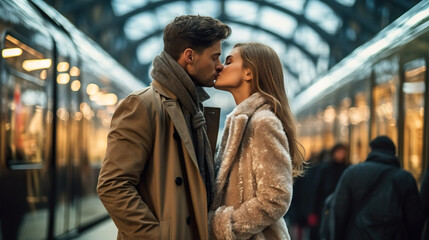 Couple kiss on train platform. Generative. Generative AI