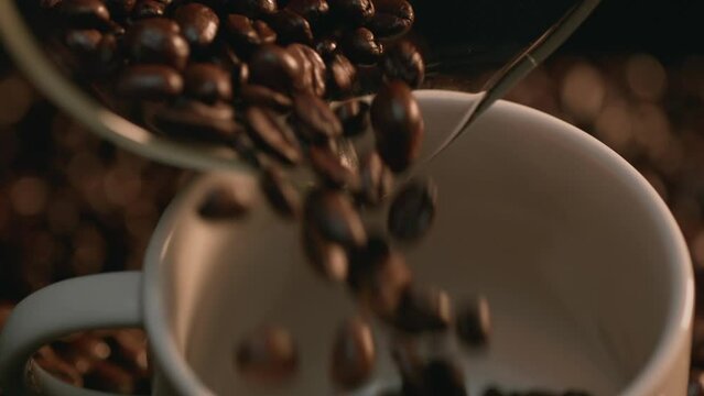 Pouring Coffee Beans Out of Pitcher into Mug, Slow Motion. Shot with ARRI Alexa in ArriRaw at 120 fps and exported 23.98 fps, QuickTime Apple ProRes 422 HQ.