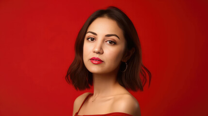 Fototapeta premium Studio shot of a young beautiful woman against red - made with Generative AI tools