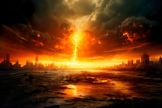 view of a post-apocalyptic city, fire from heaven, smoke, abandonment, destruction, explosions