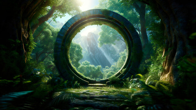 a fantastic landscape with a magical portal in a fabulous forest leading to a sunny summer forest glade