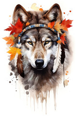 A painting of a wolf wearing a headdress. Generative AI. Tribal native american spirit illustration.
