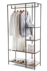 Shelving unit with pajamas and bath accessories on white background