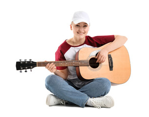 Young woman playing guitar on white background