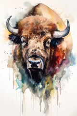 bison colorful watercolor painting style. Grand canyon. USA. Generative AI