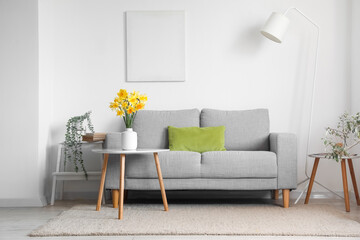 Interior of living room with grey sofa and blossoming narcissus flowers on coffee table