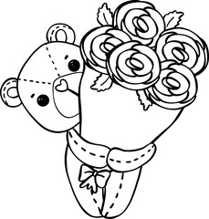 Cute romantic Valentine Teddy Bear with roses doodle hand drawing cartoon character outline