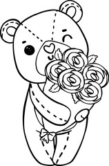 Cute romantic Valentine Teddy Bear with roses doodle hand drawing cartoon character outline