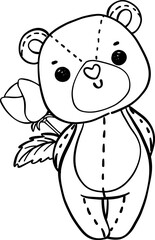 Cute romantic Valentine Teddy Bear with heart doodle hand drawing cartoon character outline