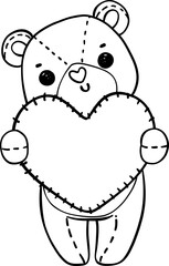 Cute Teddy Bear with heart outline doodle hand drawing cartoon character 
