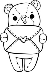 Cute romantic Valentine Teddy Bear with heart doodle hand drawing cartoon character outline
