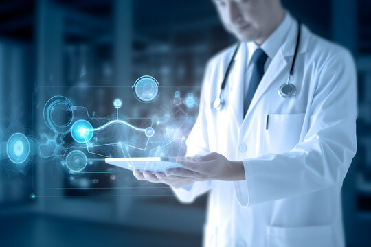 Medicine doctor holds electronic medicine and records on tablet. DNA. Hologram modern virtual screen interface, medical technology and futuristic digital healthcare and network connection 