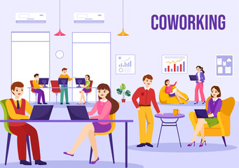 Coworking Business Vector Illustration with Colleagues Talking, Meeting and Working at the Office in Flat Cartoon Hand Drawn Landing Page Templates