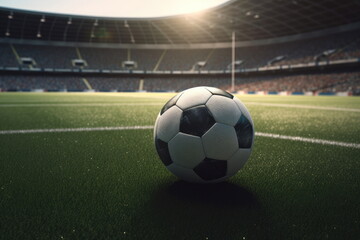 Fototapeta premium ball on the green field with soccer stadium